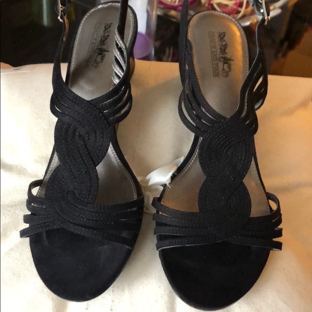 Coach and Four black wedge sandals.